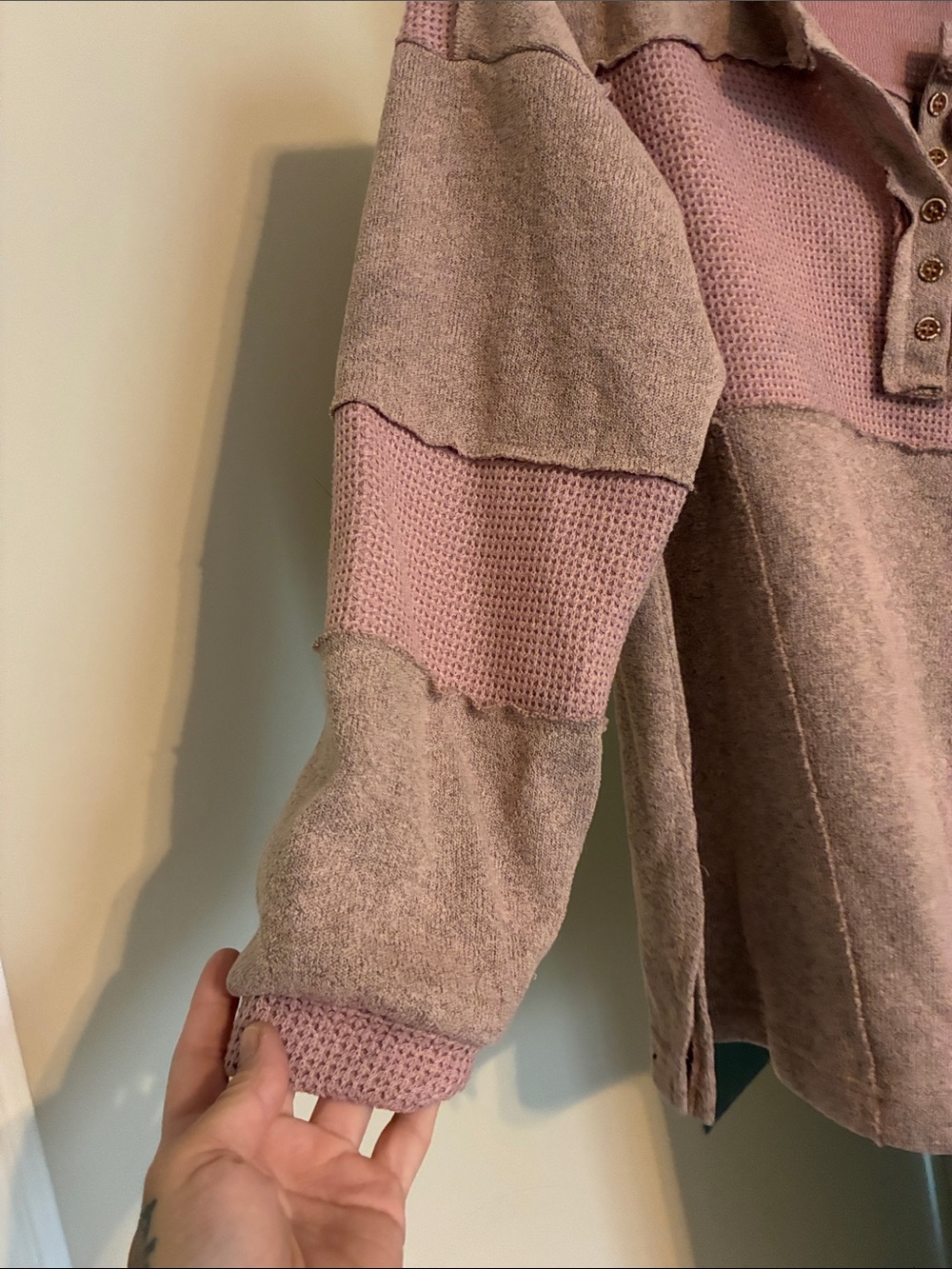 POL Pink and Taupe Patchwork Henley Sweatshirt - Picture 5 of 7